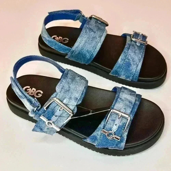 G by Guess Women’s Double Buckle Chunky Denim Sandals Size 8 - Picture 6 of 7